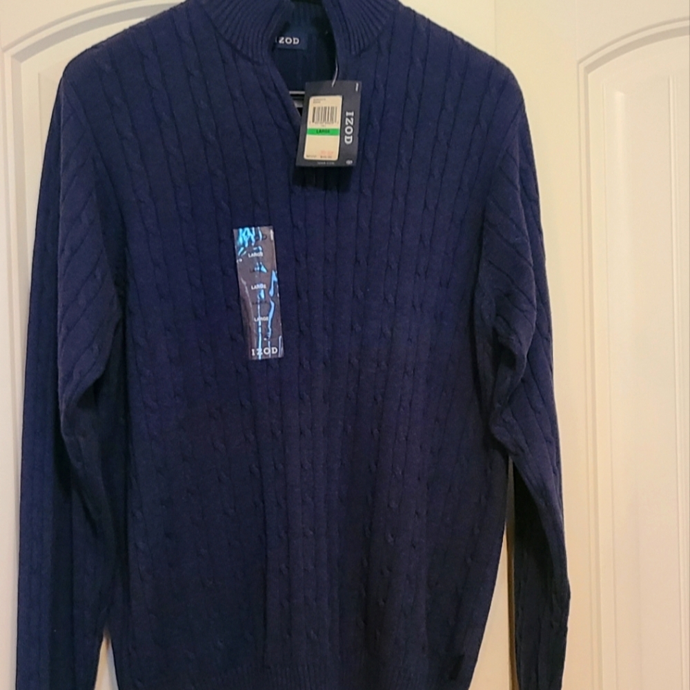 Izod Navy Blue Zip Up Sweater Cable-Knit Design. Size L